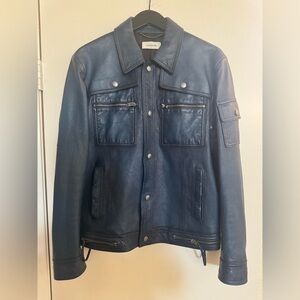 Coach Men's Dark Blue Leather Moto Jacket